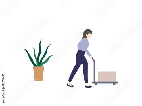 台車を押す女性と観葉植物