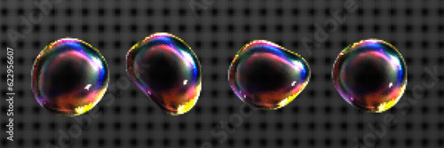 3d glass or soap transparent rainbow spheres. Iridescent foam bubbles isolated on transparent background. Abstract glossy fluid balls with rainbow reflection, vector realistic set