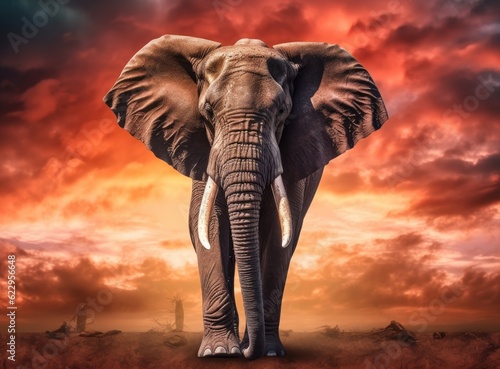 Elephant standing in front of intense sunset. Generative AI.