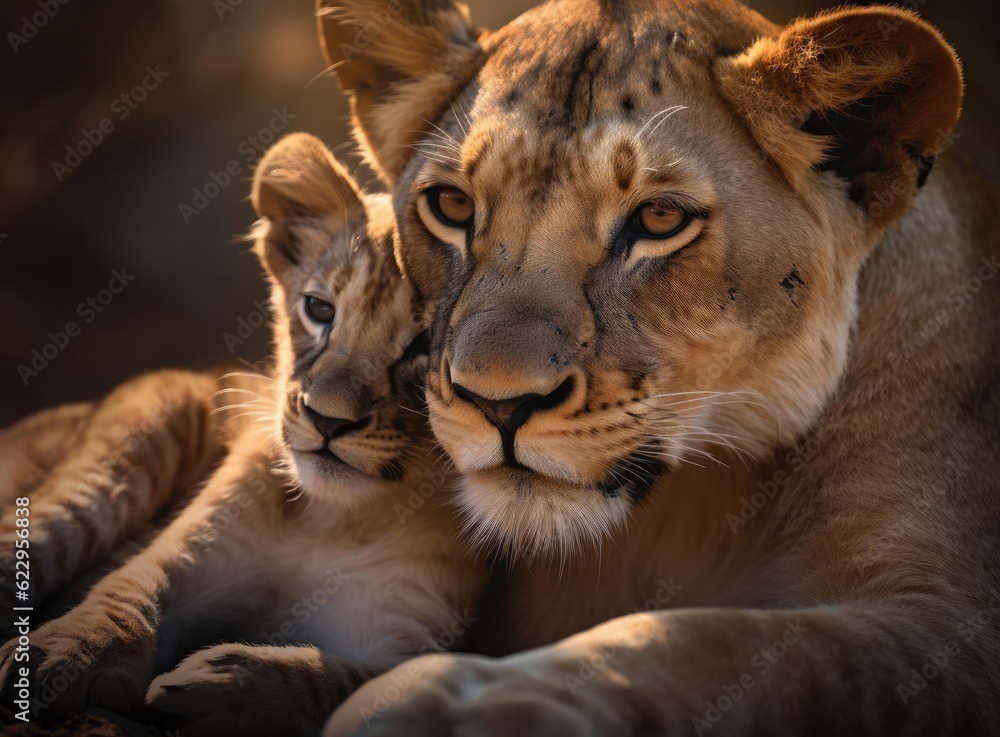 Mother and her cub relaxing on a plain. Mother and her cub relaxing on a plain.