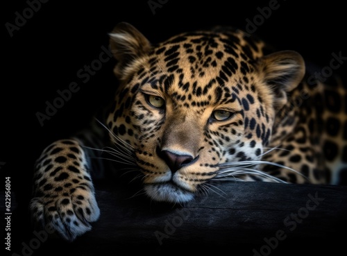 Leopard on black background. Generative AI © Marharyta