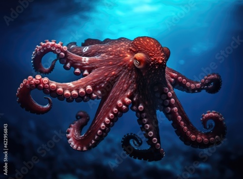Octopus swimming in the ocean. Generative AI. © Marharyta