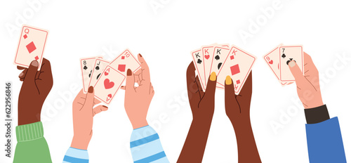 Vector set of isolated flat illustrations of people hands holding playing cards.