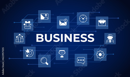 Business technology word concept design template with icons. Infographics with text and editable white glyph pictograms. Vector illustration for web banner, presentation. Montserrat font used