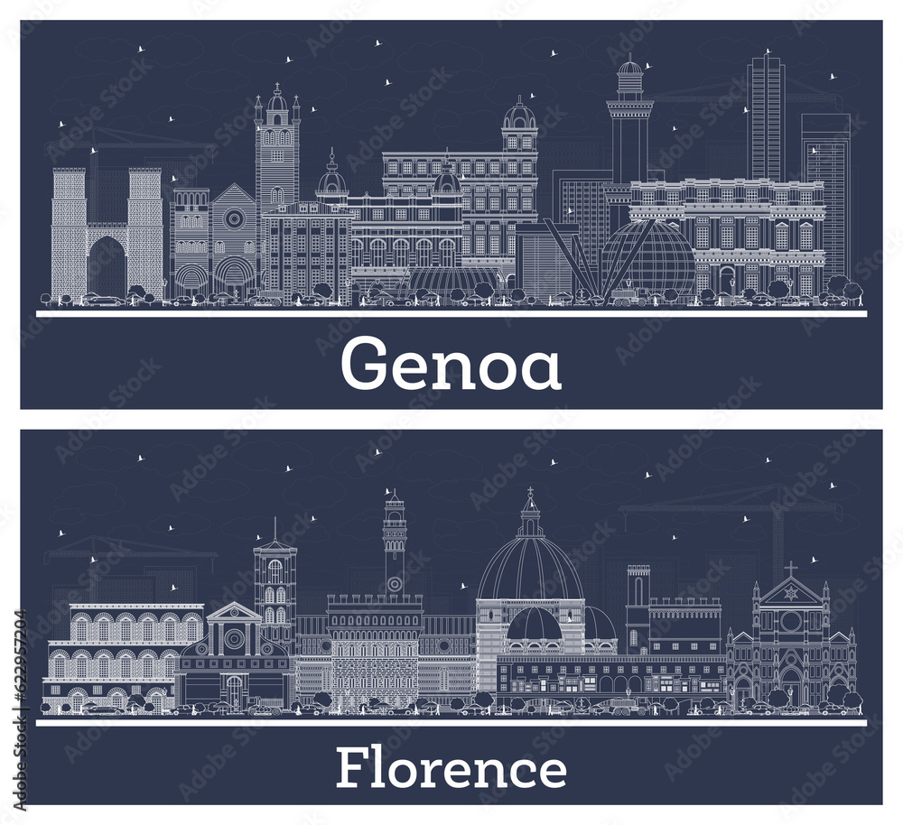 Italian Cities. Outline Florence and Genoa Italy City Skyline Set with White Buildings.