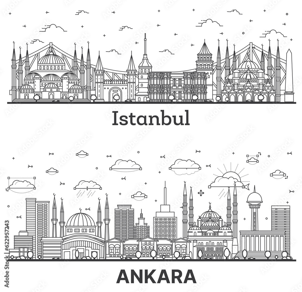 Outline Ankara and Istanbul Turkey City Skyline Set.