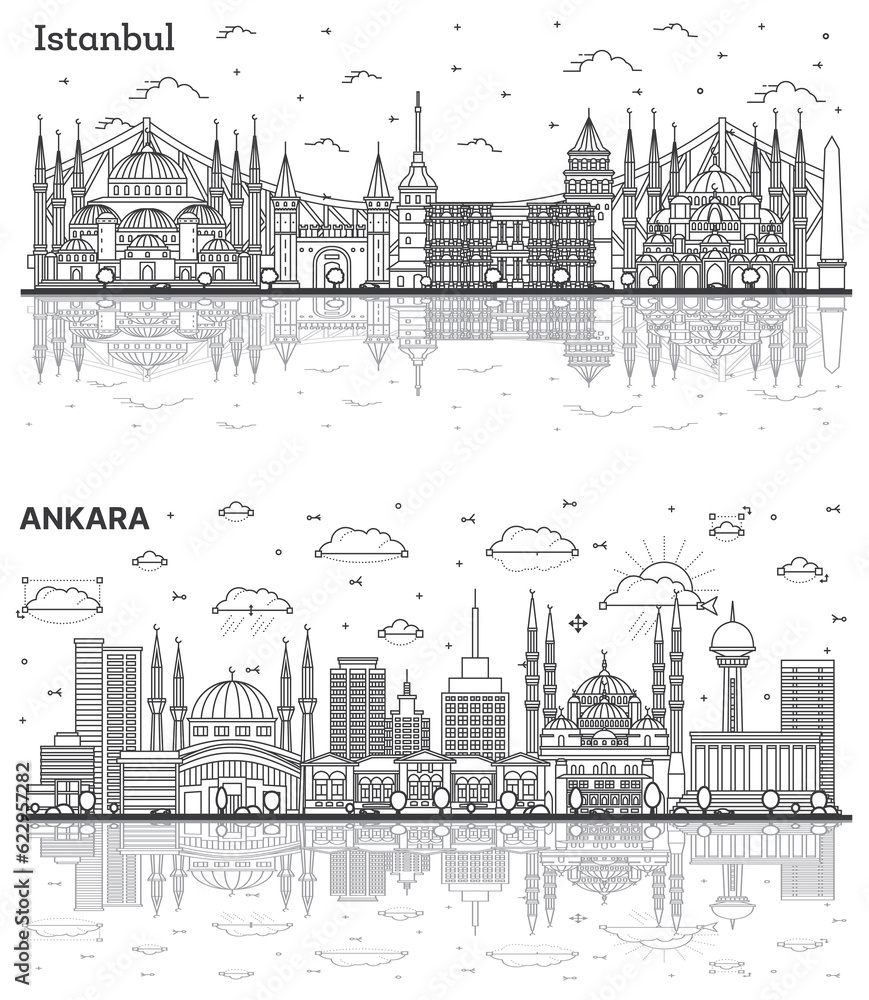 Outline Ankara and Istanbul Turkey City Skyline Set.