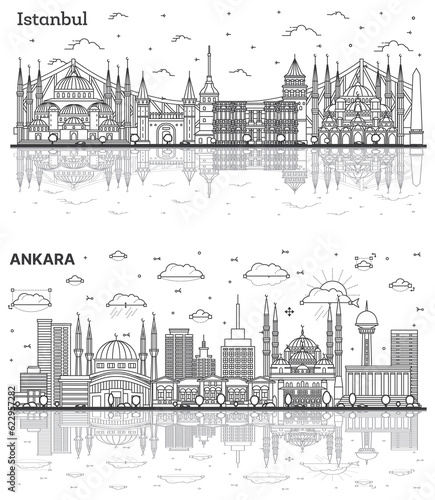Fototapeta Naklejka Na Ścianę i Meble -  Outline Ankara and Istanbul Turkey City Skyline Set.
