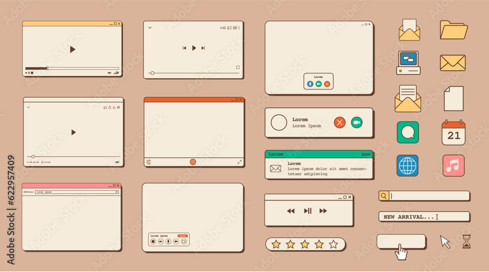 Big set of retro vaporwave desktop browser and dialog window templates. 80s 90s old computer user interface elements and vintage aesthetic icons. Nostalgic retro operating system. Vector illustration.