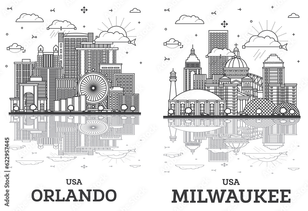 Outline Milwaukee Wisconsin and Orlando Florida City Skyline Set with Modern Buildings and Reflections Isolated on White.