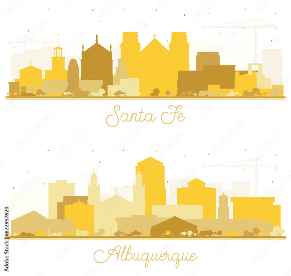 Albuquerque and Santa Fe New Mexico City Skyline Silhouette Set with Golden Buildings Isolated on White.