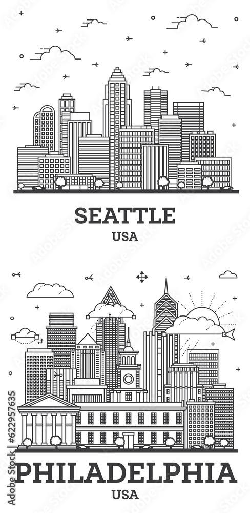Outline Philadelphia Pennsylvania and Seattle Washington USA City Skyline Set