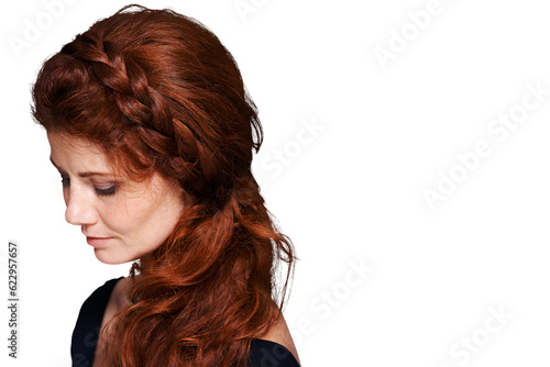 Beauty, hair style and braid with woman on png for red head, cosmetics and salon treatment. Ginger, haircare and glow with female person isolated on transparent background for self care and shampoo