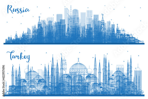 Outline Turkey and Russia City Skyline Set with Blue Buildings.