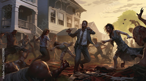 Zombie mob attacks a suburban town