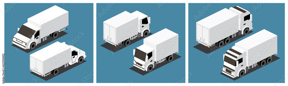 Isometric Cargo Trucks Set. Commercial Transport. Logistics. 3D City Object for Infographics. Isometric Cargo Trucks Set. Commercial Transport. Logistics. 3D City Object for Infographics.