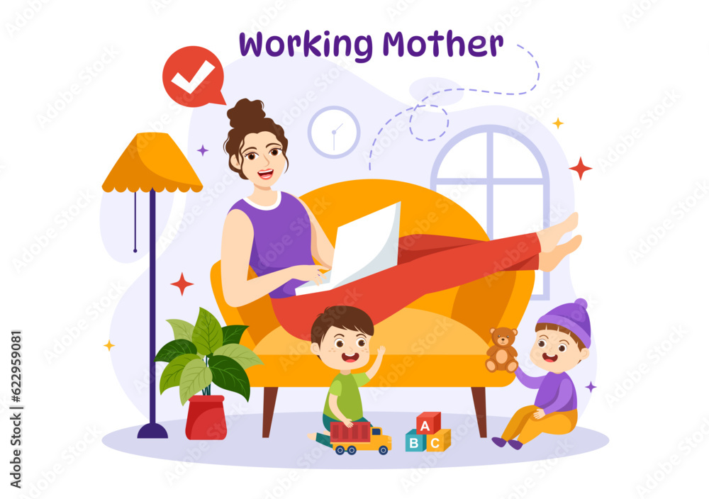 Working Mother Vector Illustration with Mothers who does Work and Takes Care of her Kids at the Home in Multitasking Cartoon Hand Drawn Templates