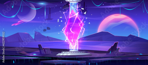 Fantasy planet space landscape with magic portal illustration. Futuristic door to outer world with mystic pink lightning energy ui screen backdrop. Starry cosmos universe with gate entrance to hole