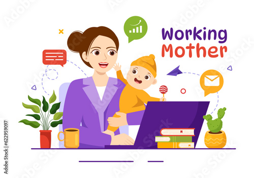 Working Mother Vector Illustration with Mothers who does Work and Takes Care of her Kids at the Home in Multitasking Cartoon Hand Drawn Templates