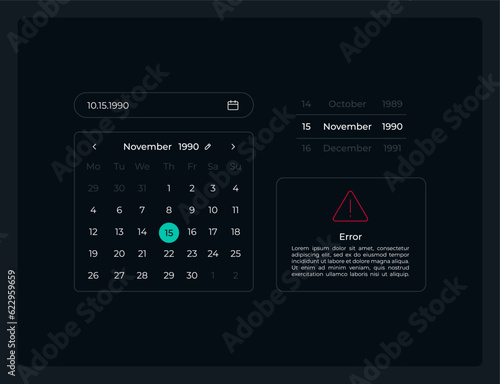 Calendar date picker UI elements kit. Isolated vector components. Flat navigation menus and interface buttons template. Web design widget collection for mobile application with dark theme