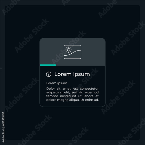 Image information UI element template. Editable isolated vector dashboard component. Flat user interface. Visual data presentation. Web design widget for mobile application with dark theme