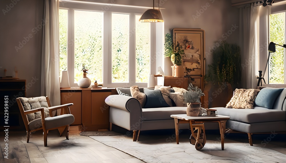 Home Decoration, Photography illustration of a cozy living room with a rustic touch in the Anytime environment.