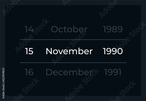 Birthdate form field UI element template. Editable isolated vector dashboard component. Flat user interface. Visual data presentation. Web design widget for mobile application with dark theme