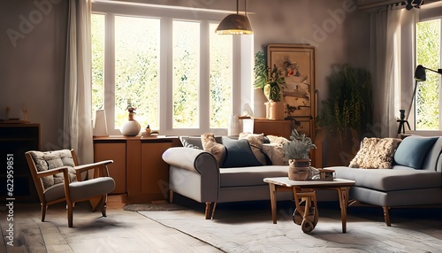 Home Decoration, Photography illustration of a cozy living room with a rustic touch in the Anytime environment. © Hamad Baloch