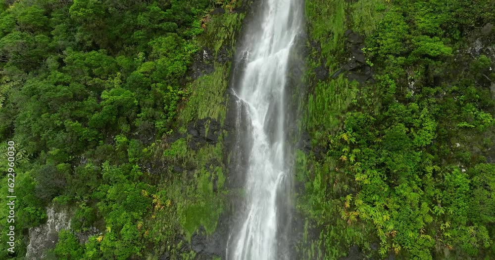 Flores island Azores waterfall aerial view Flores island Azores waterfall aerial view