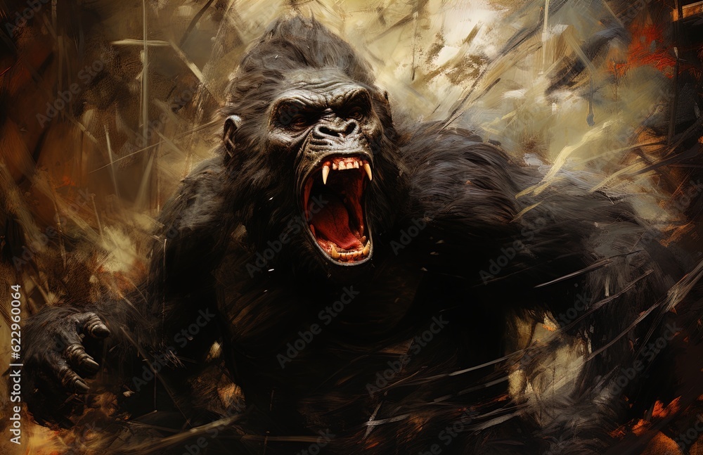A mighty gorilla roars and shows his fangs. Great for stories on the jungle, adventure, travel, wildlife, animals, conservation, fantasy and more. A mighty gorilla roars and shows his fangs. Great for stories on the jungle, adventure, travel, wildlife, animals, conservation, fantasy and more.