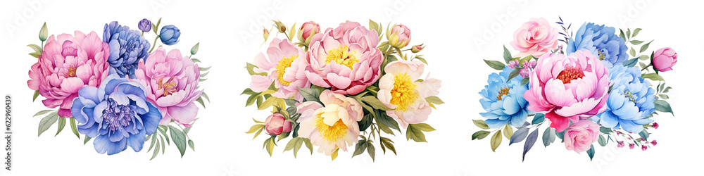 Watercolor floral bouquet illustration set - Pink, Blue, Yellow Florals, Green Leaves, and Branches. Perfect for Wedding, Greeting Cards, Wallpaper Designs, Fashion, and background. Generative AI