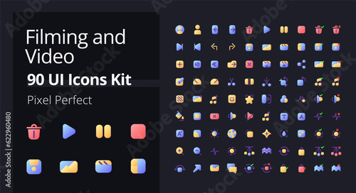 Video production flat gradient fill ui icons for dark mode. Filmmaking software. Movie editing. Motion picture. Pixel perfect color pictograms kit. GUI, UX design for web. Vector isolated RGB images