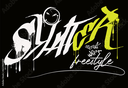 Graffiti street art style skater slogan text with spray can drawing, Vector illustration of letters freestyle for the design of t-shirts, shirts, hoodies