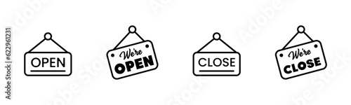 open and closed signs hanging icon vector door welcome sign for store cafes label outline symbol illustration