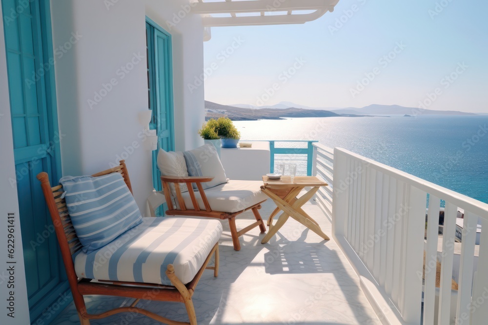 Chic and luxurious balcony in Santorini, designed with a modern touch, featuring chairs perfect for a sunny day with stunning sea views