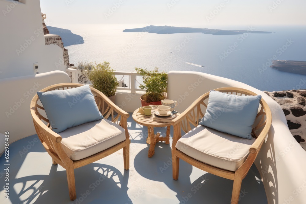 Chic and luxurious balcony in Santorini, designed with a modern touch, featuring chairs perfect for a sunny day with stunning sea views