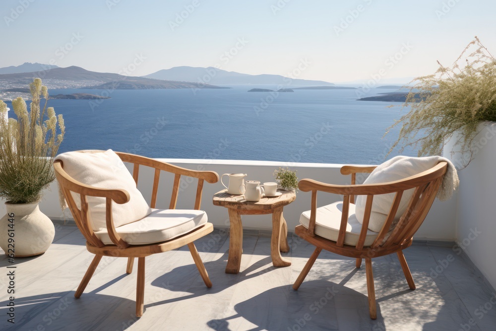Chic and luxurious balcony in Santorini, designed with a modern touch, featuring chairs perfect for a sunny day with stunning sea views