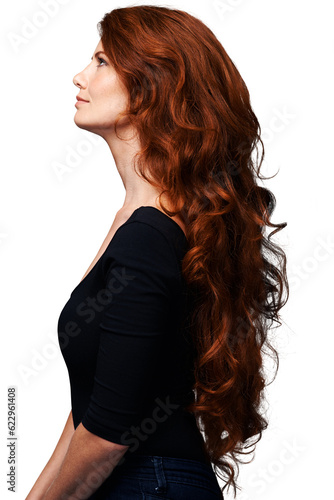 Cuadro en lienzo Profile, ginger and woman with red curly hair, healthy long growth and soft hairstyle, highlights or extensions
