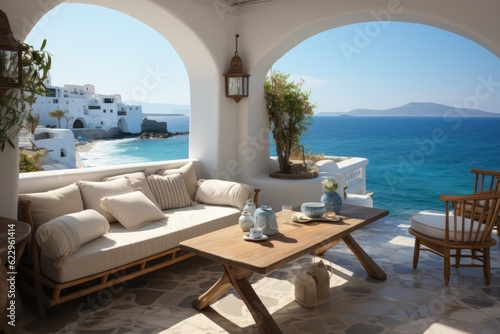 Chic and luxurious balcony in Santorini, designed with a modern touch, featuring chairs perfect for a sunny day with stunning sea views © aboutmomentsimages
