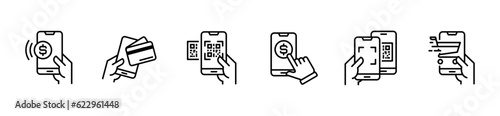 mobile online payment line icon vector set smartphone to transfer money with code symbol outline illustration