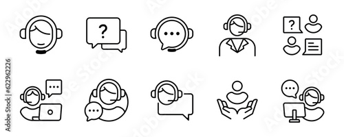set of online support assistance icon collection vector customers service agent helping technical solution client symbol outline illustration