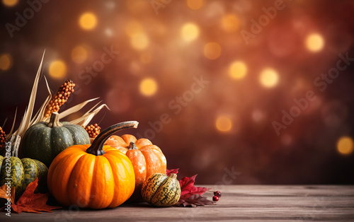 Thanksgiving background with pumpkins, corn cobs, maple leaves and fall berries on dark bokeh lights background. Autumn composition with copy space. Wooden table. Halloween Festive atmosphere.