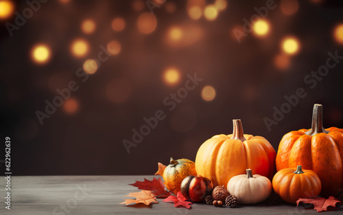 Thanksgiving day with pumpkins and maple leaves on dark bokeh lights brown background. Autumn composition with copy space. Wooden table. Halloween concept. Festive atmosphere.