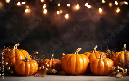 Thanksgiving background with pumpkins on dark bokeh lights background. Autumn composition with copy space. Wooden table. Halloween concept. Festive atmosphere.