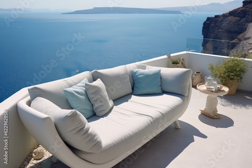 Elegant balcony in Santorini with sleek chairs, perfect for enjoying the sunny weather and breathtaking sea views © aboutmomentsimages