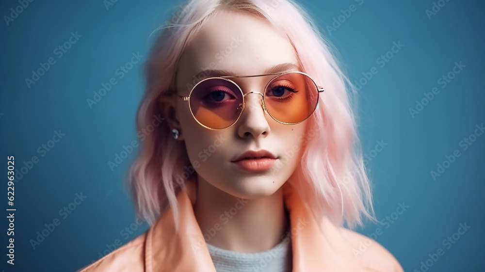 Close-up portrait of a girl wearing round pink sunglasses, blonde woman enjoying life Close-up portrait of a girl wearing round pink sunglasses, blonde woman enjoying life