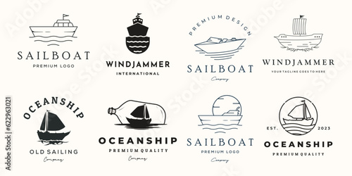 set of sailboat transportation logo line art vintage vector illustration concept template icon design, collection of ocean ship with sea landscape outdoor view concept vector illustration logo design