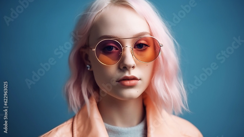 Wallpaper Mural Close-up portrait of a girl wearing round pink sunglasses, blonde woman enjoying life Torontodigital.ca