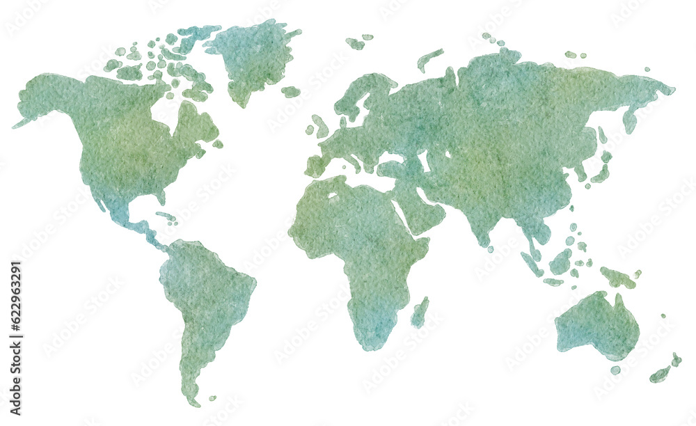 手書きで書いた世界地図の水彩画イラスト
