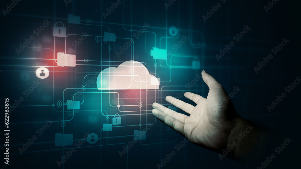 Hand holding cloud technology process to connect a information network.Business global, social media and digital marketing.Technology and futuristic dark blue color background. Hand holding cloud technology process to connect a information network.Business global, social media and digital marketing.Technology and futuristic dark blue color background.